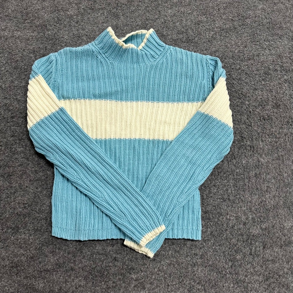 Tommy Hilfiger Sweater Womens Size M Blue Cream Striped Mock Neck Ribbed Knit